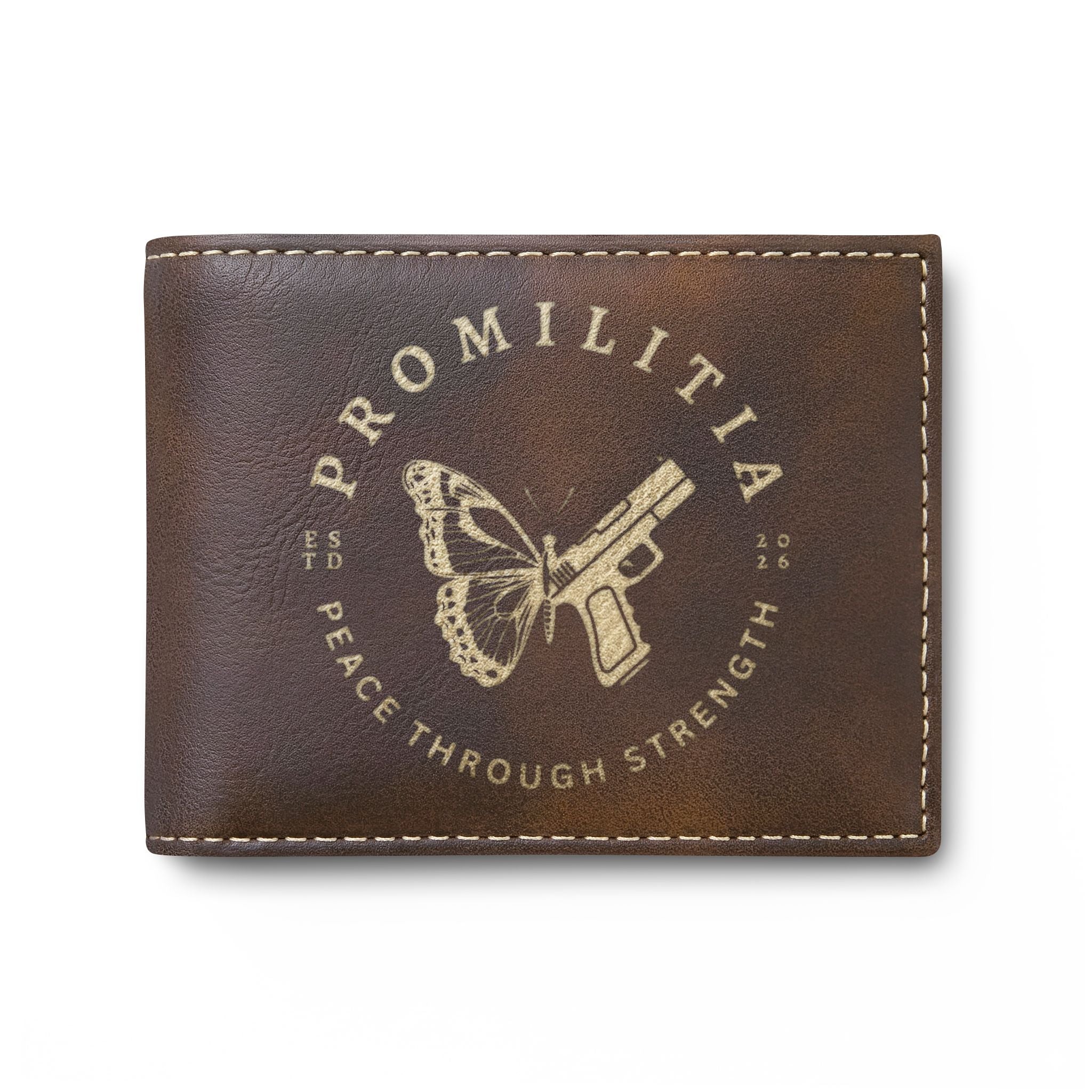 Peace Through Strength Engraved Leather Bi-Fold Wallet